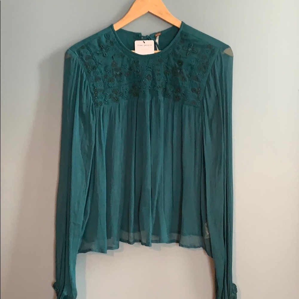 Free People Teal Embroidered Long-Sleeve Blouse